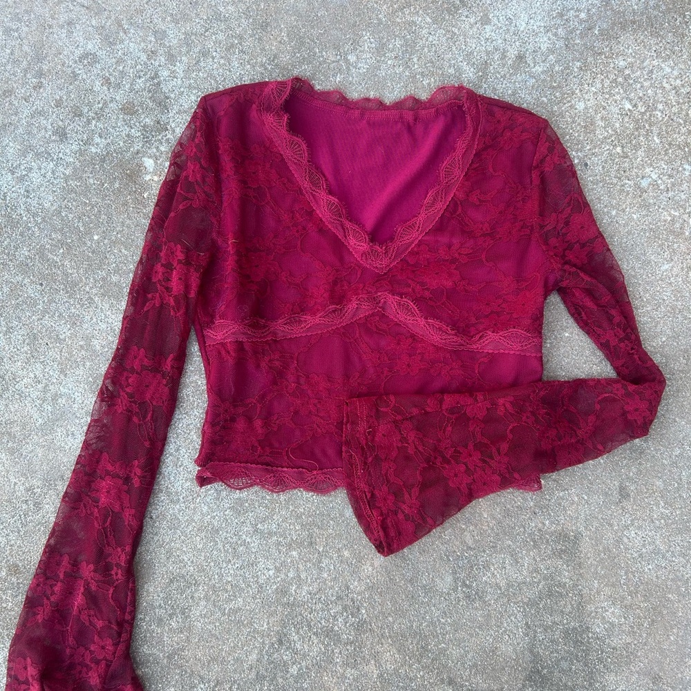 SHEIN Burgundy Lace V-Neck Top